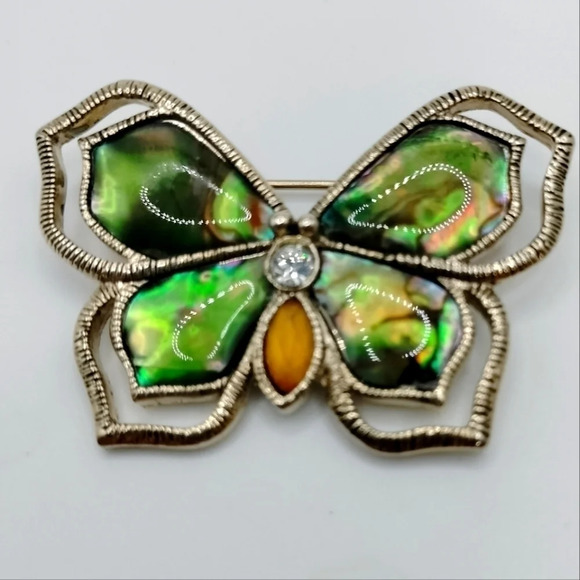 LIZ CLAIBORNE GEM BUTTERFLY PIN BROOCH GOLD TONE IRIDESCENT COLOR WINGS - Picture 2 of 7